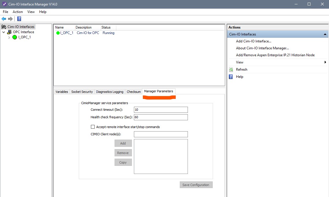 Cim-IO Interface Manager with Manager Parameters tab showing